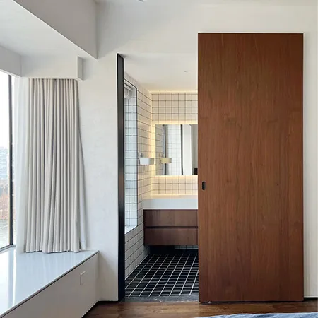 Walnut wood flush hidden track sliding door for bathroom