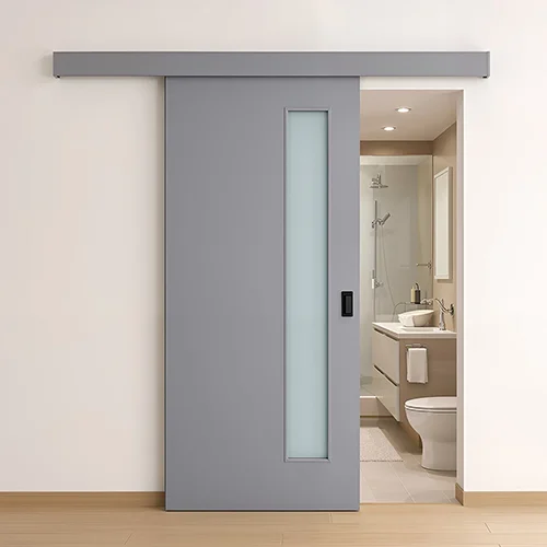 Bathroom glass insert sliding barn door with rail cover
