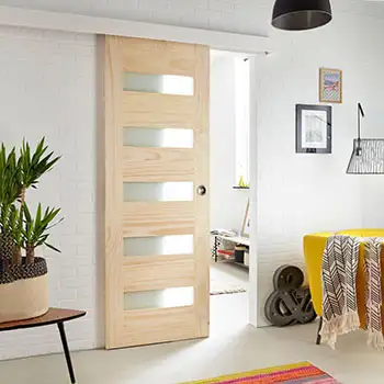 Interior Bedroom modern brown painted glazed wood surface mounted sliding door with cover