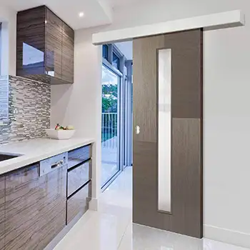 Residential internal Bedroom modern black painted glazed wood surface mounted sliding door