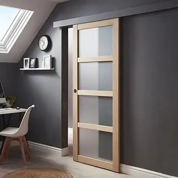 Residential internal Bedroom modern brown painted glazed wood surface mounted sliding door