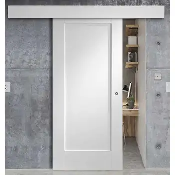 White one shaker panel wood sliding barn door with track cover