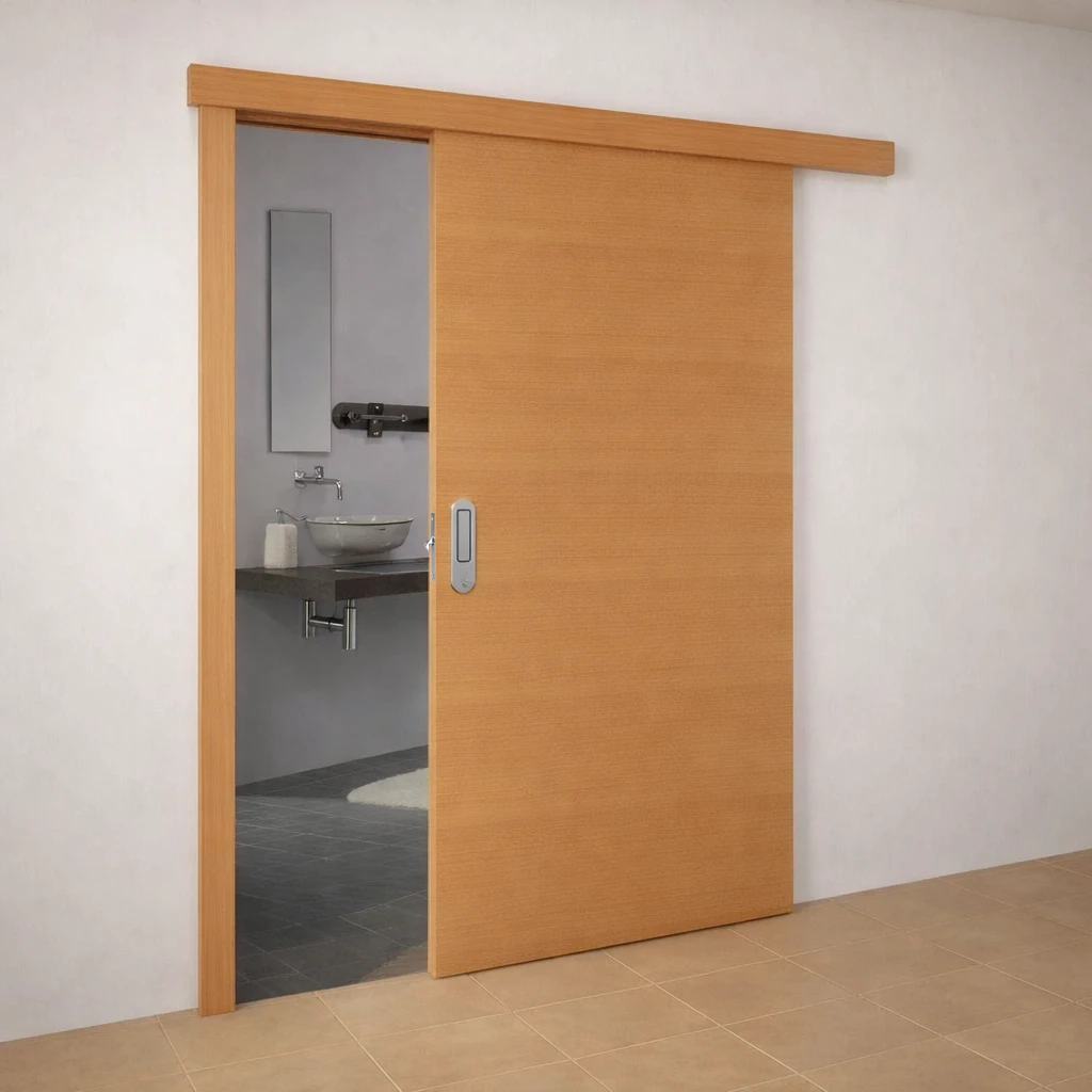 Wood Flush bathroom sliding barn door with lock