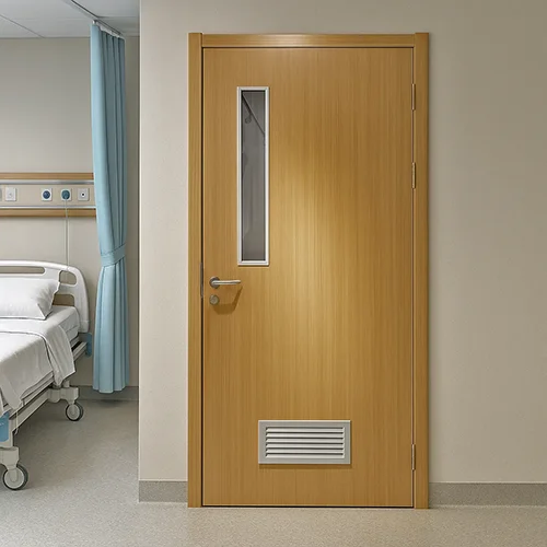 Steel hospital patient room bathroom door