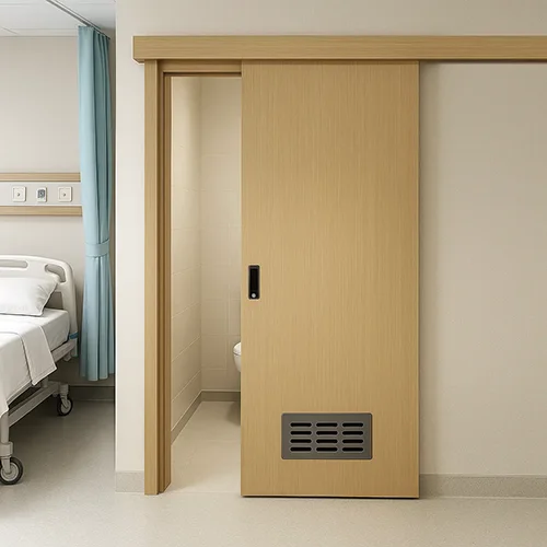 Steel hospital patient room sliding bathroom door