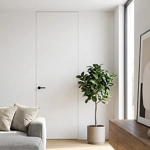 White wood flush trimless floor to ceiling interior bedroom door