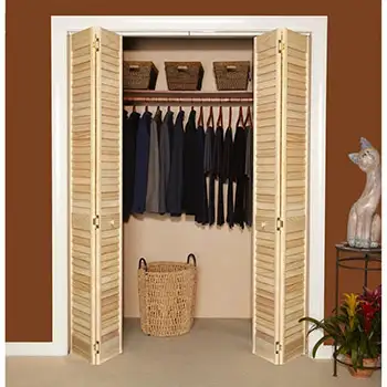 FLD23 Residential internal laundry room brown painted louver solid pine wood folding door