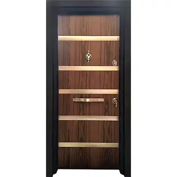 Residential external entry brown walnut veneer painted metal inlay steel-wood armored door