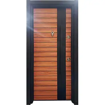 AMD38 Residential external entry brown oak veneer painted grooved steel-wood armored door