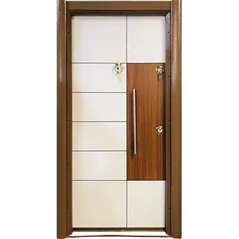 Residential exterior entrance modern brown painted grooved steel-wood armored door