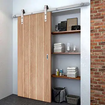 Oak wood interior sliding barn doors for small space closet