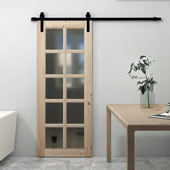 Unfinished knotty pine wood french barn sliding door with glass grids