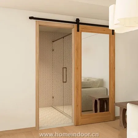 bedroom to bathroom oak wood sliding barn door with mirror