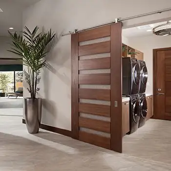 Solid wood interior laundry closet sliding barn door with frosted glass