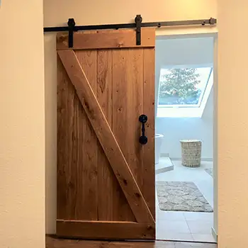 K pattern solid knotty pine wood sliding barn door for bathroom