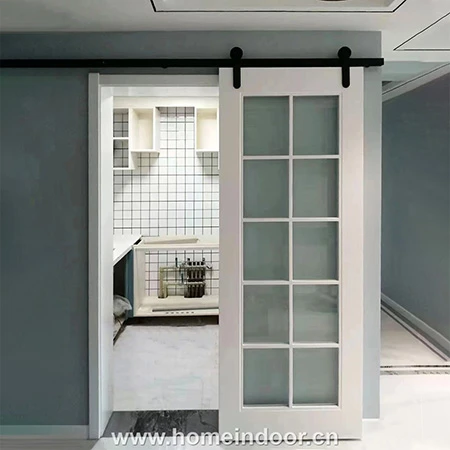 White wood french glass sliding barn door for kitchen