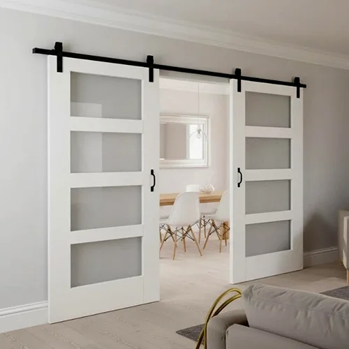 Living room white interior double barn doors with glass