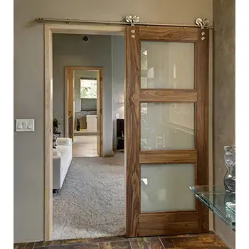 walnut wood 4 glass panel barn sliding door for bathroom