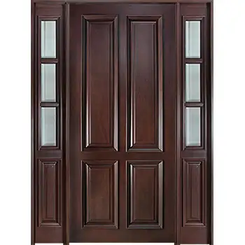 Villas exterior classic brown painted side-lite riased panel solid walnut wood door