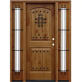 Residential exterior entrance classic brown painted side-lite riased panel solid pine door