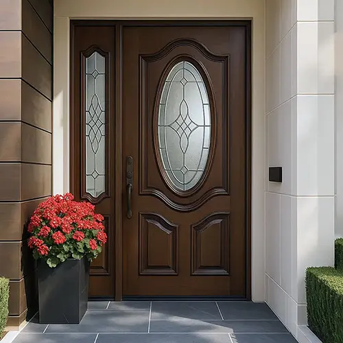 Exterior walnut solid wood front door with oval glass