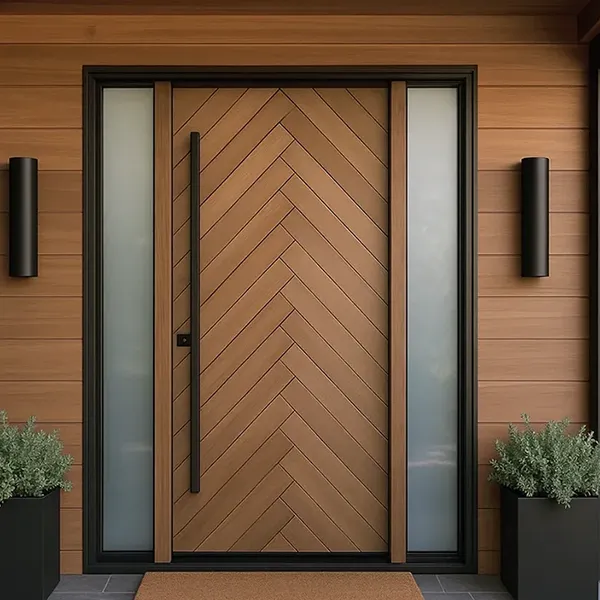 exterior diagonal plank solid wood entry door with sidelite
