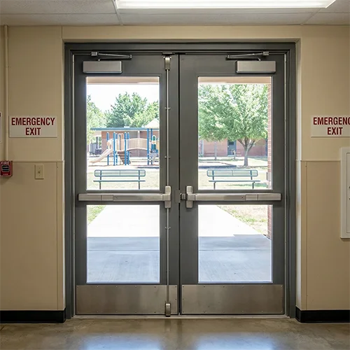 Steel fire exit double glass door with push bar