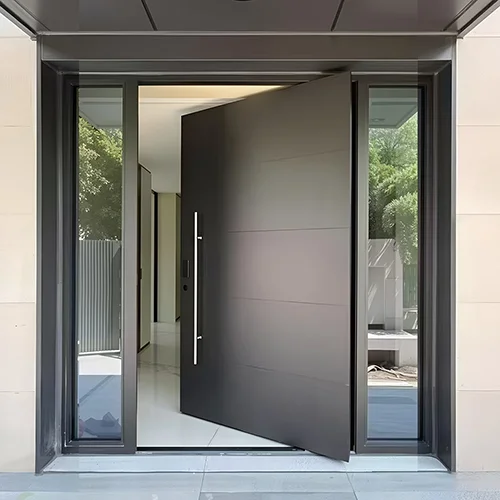 Black Steel pivot front door with sidelite