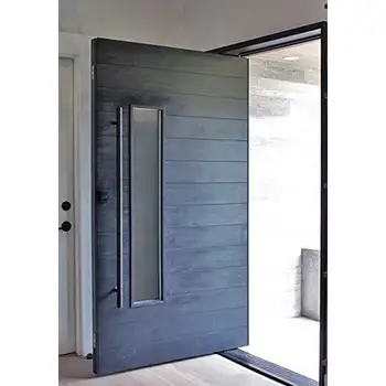 Black exterior solid wood glazed pivot mechanism wood door
