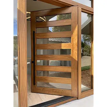 Solid walnut glass exterior door with sidelites and transom