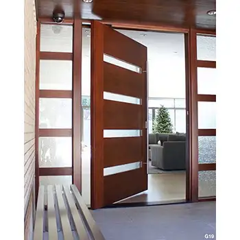 House main entrance solid wood pivot door with glass sidelites