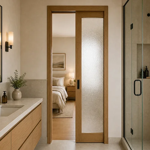 Bathroom wood framed full glass pocket sliding door