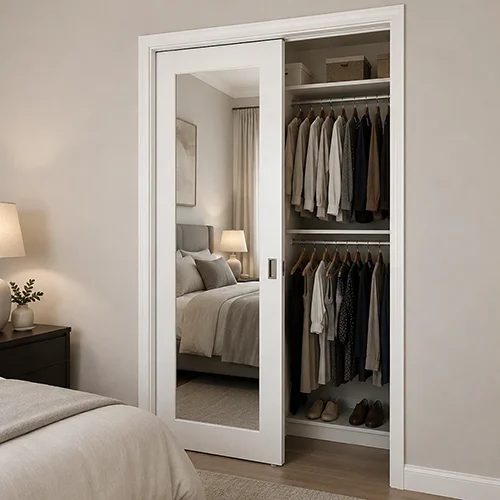 Interior bedroom sliding mirror pocket door for closet