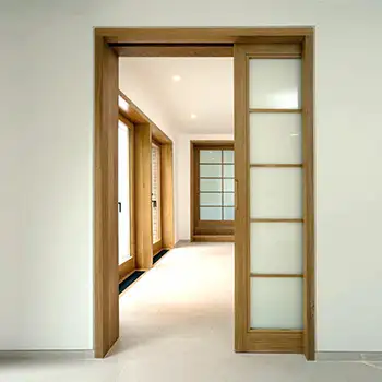 internal wooden 5 panel sliding glass door hidden in wall