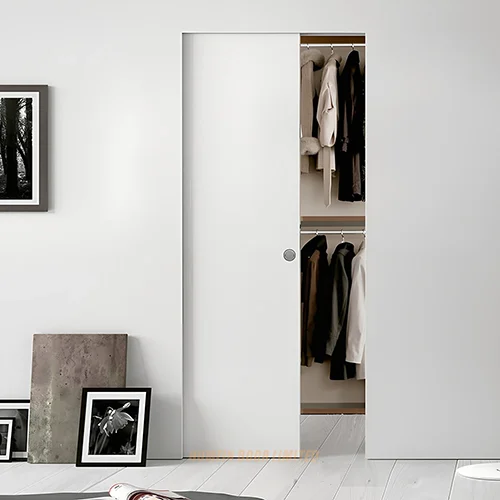 White interior wooden trimless pocket sliding closet door
