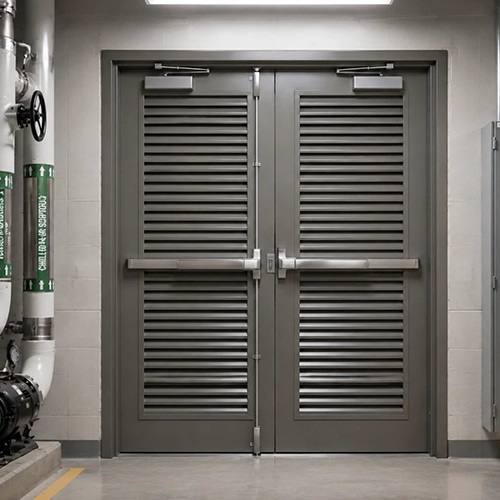 Fireproof steel full louvered double exit door with push bar