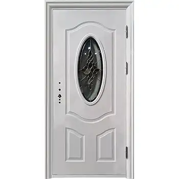 House white steel security front door with decorative glass insert